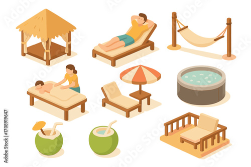 Relaxation and leisure isometric icon set. featuring massage, sunbathing, hammock, spa, and lounge symbols