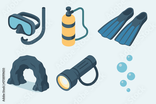 Diving equipment flat icon set. featuring snorkel, tank, fins, cave, flashlight, bubbles