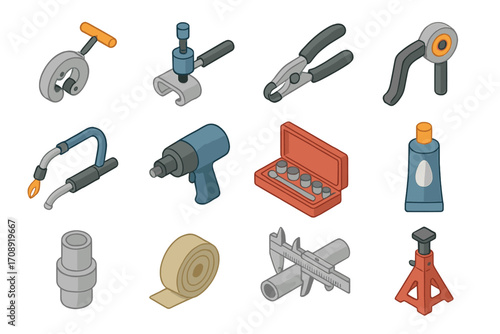Automotive tools flat icons set. featuring lifter, caliper, tape, drill, clamp, pliers, pipe, and cutter
