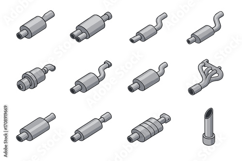 Automotive parts flat icon set. featuring exhaust, muffler, tailpipe, catalytic converter, headers, and silencer symbols