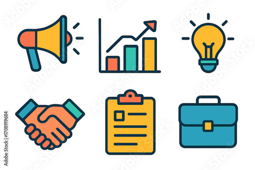 Business and marketing flat icon set. featuring megaphone, chart, light bulb, handshake, clipboard, briefcase
