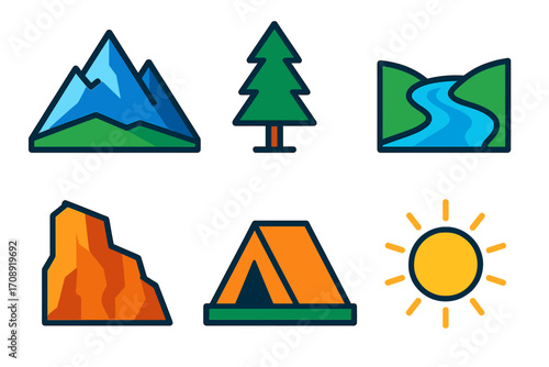 Nature and outdoor flat icon set. featuring mountain, tree, river, canyon, tent, and sun symbols