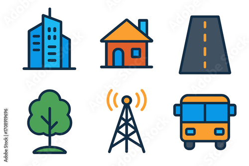 City elements neon glow icon set. featuring building, house, road, tree, radio tower, and bus symbols