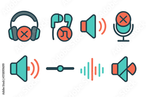Music technology silhouette icon set. featuring headphones, earphones, speaker, microphone, volume, equalizer, mute symbols
