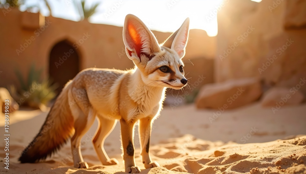 Fototapeta premium Fennec Fox in Desert Oasis with Closeup Portrait, and Warm Sunlight.