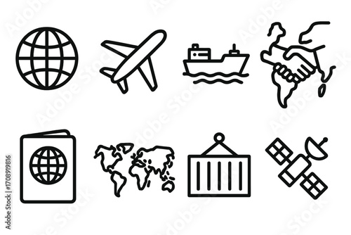 International trade linear icon set. featuring globe, airplane, ship, handshake, passport, world map, container, satellite