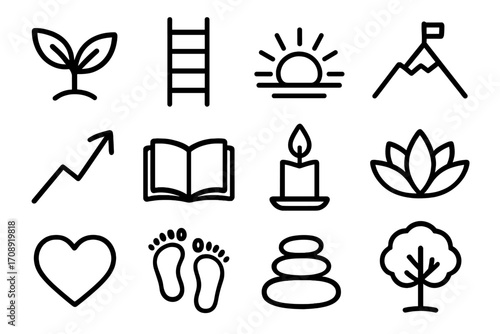 Wellness and growth linear icon set. featuring plant, ladder, sunrise, mountain, growth, book, candle, lotus, heart, footprints, stones, tree.