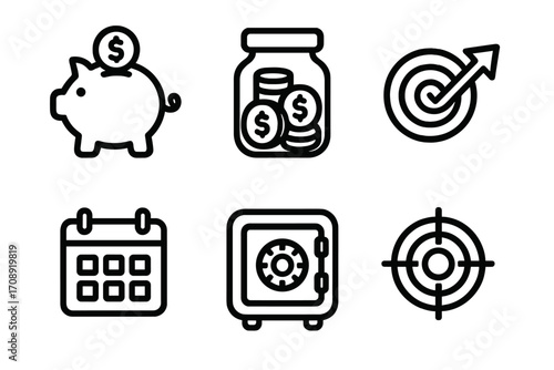 Finance linear icon set. featuring savings, jar, target, calendar, safe, and target board symbols