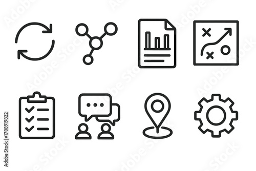 Business strategy linear icon set. featuring refresh, network, analytics, plan, checklist, chat, location, settings