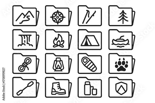 Outdoor adventure linear icon set. featuring hiking, camping, canoeing, fishing, and climbing symbols