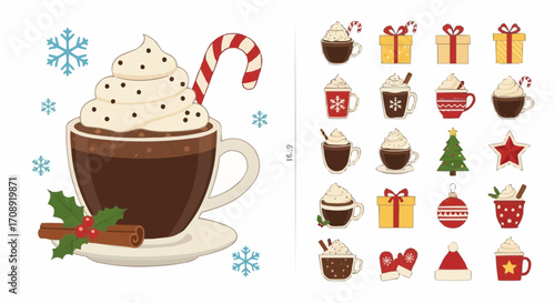 Christmas icon christmas hot chocolate cocoa with whipped cream candy cane and winter holiday elements vector illustration vector