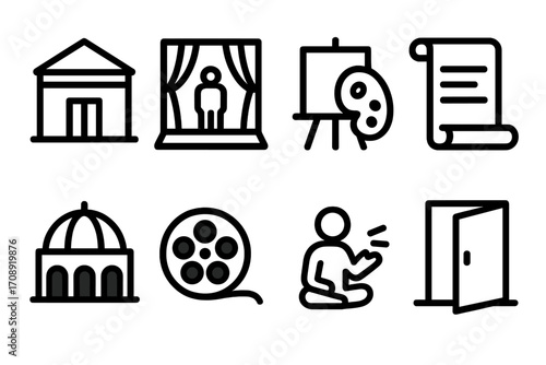 Theater and art linear icon set. featuring theater, actor, canvas, script, dome, film reel, storyteller, doorway symbols