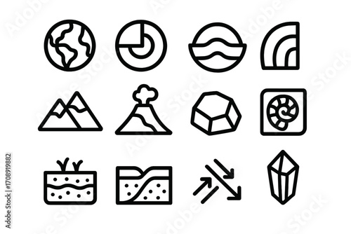 Geology linear icon set. featuring globe, chart, wave, rainbow, mountain, volcano, crystal, ammonite symbols