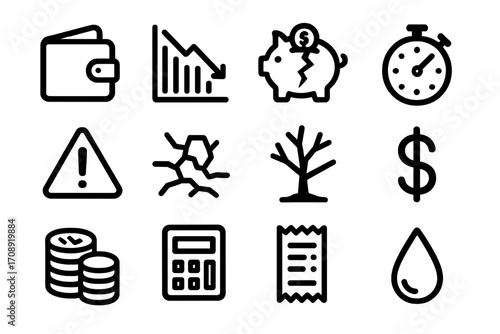 Finance crisis linear icon set. featuring wallet, chart, piggy bank, timer, alert, crack, tree, dollar, coins, calculator, receipt, drop