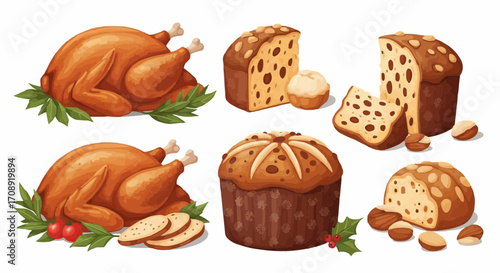 Christmas icon delicious thanksgiving dinner featuring roasted turkey and traditional panettone holiday bread treats feast vector