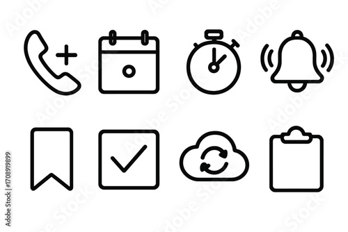 Office essentials linear icon set. featuring phone, calendar, timer, alarm, bookmark, checklist, cloud sync, clipboard