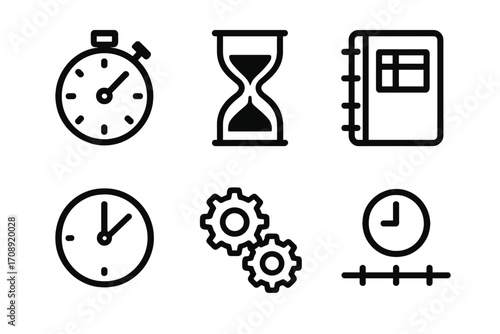 Time management silhouette icon set. featuring stopwatch, hourglass, journal, clock, gears, timeline symbols