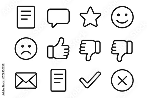Feedback silhouette icon set. featuring document, message, star, smiley, sad, thumbs up, thumbs down, envelope, check, cross symbols