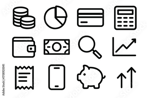 Finance silhouette icon set. featuring coins, chart, card, calculator, wallet, banknote, and search symbols