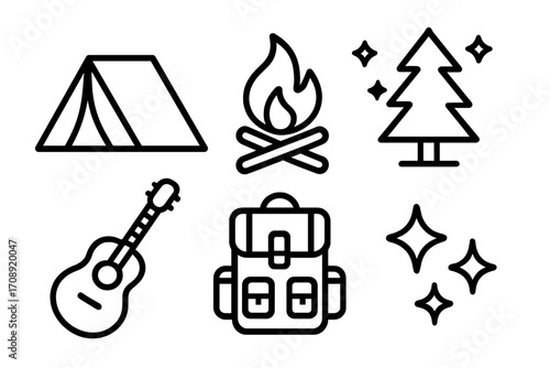 Camping linear icon set. featuring tent, campfire, tree, guitar, backpack, and stars symbols