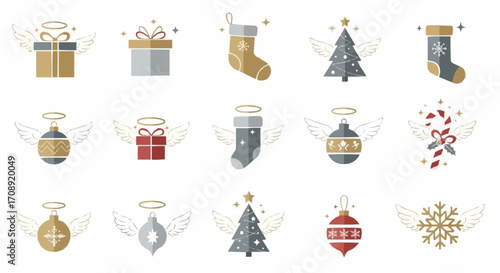 Christmas icon christmas holiday vector set with christmas tree gift box ornament stocking and candy cane with angel wings vector