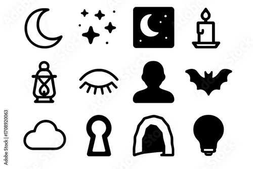 Night elements silhouette icon set. featuring moon, stars, candle, lantern, eye, person, bat, cloud, keyhole, cave, bulb symbols