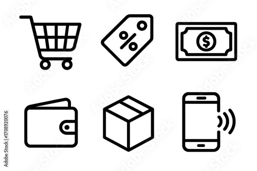 Shopping linear icon set. featuring cart, discount, cash, wallet, box, and mobile payment symbols