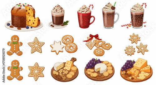 Christmas icon delicious christmas treats panettone gingerbread cookies hot chocolate and cheese boards for holiday celebrations vector
