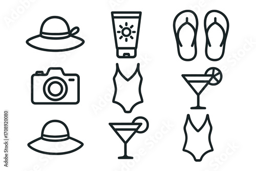 Summer essentials linear icon set. featuring hat, sunscreen, flip-flops, camera, swimsuit, cocktail