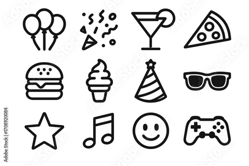 Party celebration silhouette icon set. featuring balloons, confetti, cocktail, pizza, burger, ice cream, hat, sunglasses, star, music, smiley, and game controller symbols