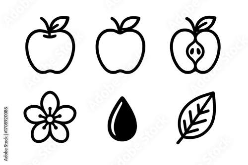 Fruit collection silhouette icon set. featuring apple, apple slice, flower, water droplet, leaf symbols