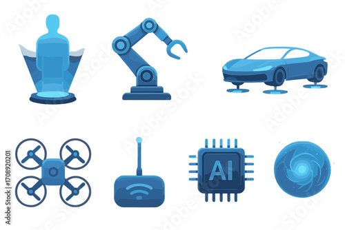 Technology silhouette icons set. featuring ai chip, car, robot arm, hologram, drone, connectivity symbols