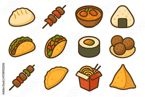 Food silhouette icon set. featuring dumpling, skewer, ramen, onigiri, taco, sushi, and samosa icons