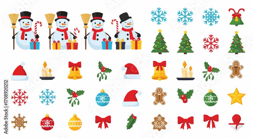 Christmas icon christmas vector elements set with snowman christmas tree snowflakes bell gingerbread man and christmas ornaments 1 vector