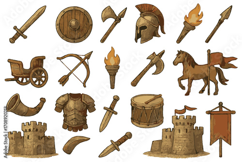 Ancient warfare flat icon set. featuring sword, shield, helmet, torch, chariot, bow, ax, fortress, armor, horn
