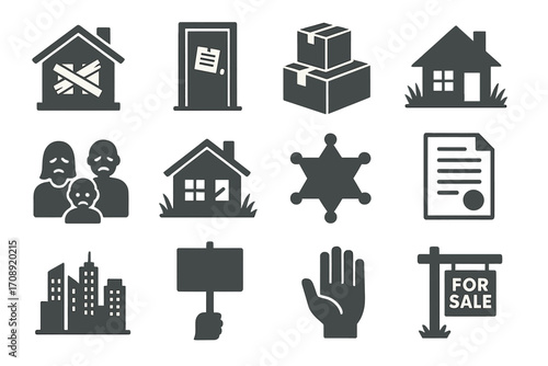 Legal enforcement silhouette icon set. featuring eviction, case file, property, sheriff, and city symbols