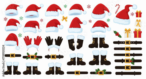 Christmas icon santa claus costume elements vector set including hat gloves boots belt and gifts for christmas holiday design vector