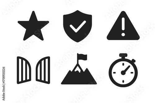 Security silhouette icon set. featuring star, shield, alert, open gate, mountain peak, stopwatch symbols