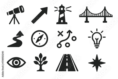 Navigation and direction silhouette icon set. featuring telescope, arrow, lighthouse, compass, bridge, and light bulb.