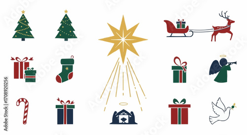 Christmas icon christmas holiday vector art with christmas tree gifts sleigh reindeer star angel and nativity scene design vector