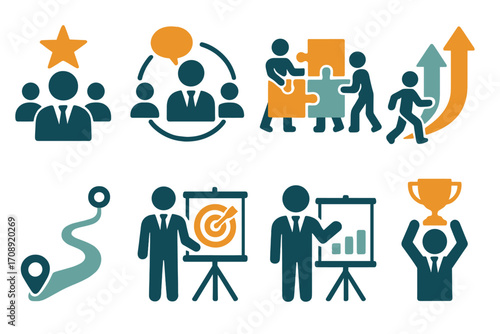 Business leadership silhouette icon set. featuring teamwork, strategy, growth, and motivation symbols