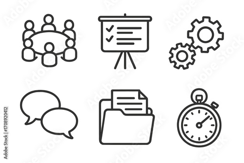 Business meeting linear icon set. featuring teamwork, presentation, gears, chat, documents, stopwatch