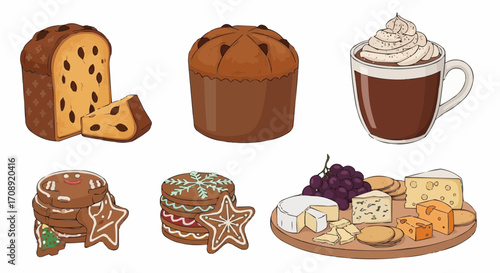 Christmas icon delicious christmas treats panettone cookies cheese board and hot chocolate perfect for holiday season celebration vector