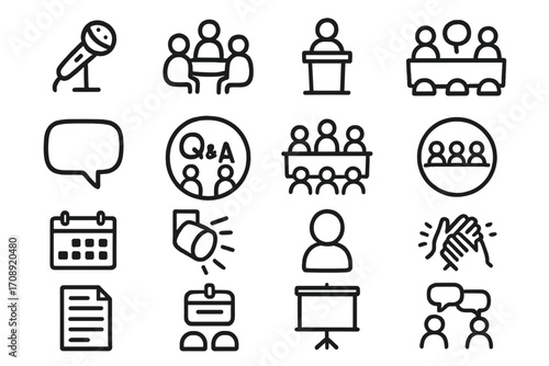 Conference and meeting linear icon set. microphone, podium, q&a, discussion, calendar, document, and handshake symbols