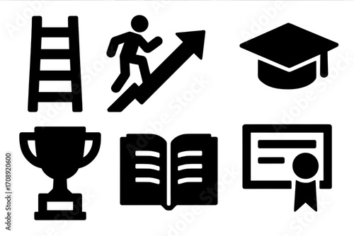 Education achievement silhouette icon set. featuring ladder, progress, graduation cap, trophy, book, and diploma