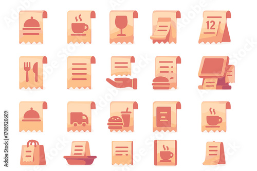 Restaurant and cafe flat icon set. featuring menu, coffee, wine, calendar, order, delivery, payment, receipt, and check