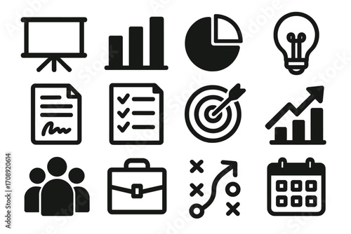 Business strategy silhouette icon set. featuring presentation, growth, chart, idea, document, checklist, target, and calendar symbols