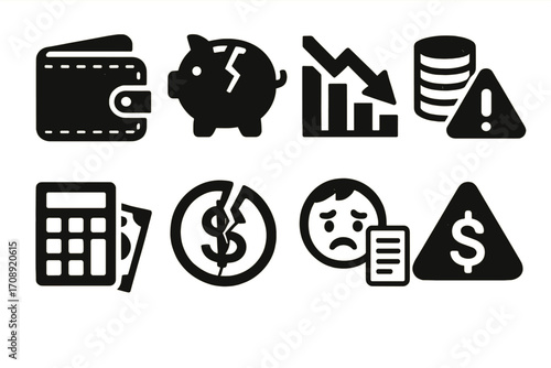 Financial crisis silhouette icon set. featuring wallet, piggy bank, decline chart, coins, caution, calculator, debt, sad face