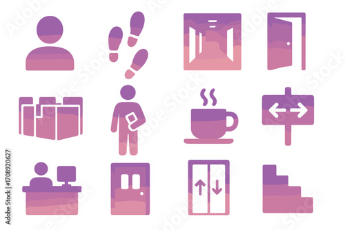 Office silhouette icon set. featuring user, footsteps, elevator, door, binder, employee, coffee, signpost