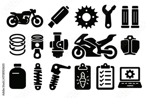 Motorcycle parts silhouette icon set. featuring spark plug, suspension, piston, tools, and engine symbols